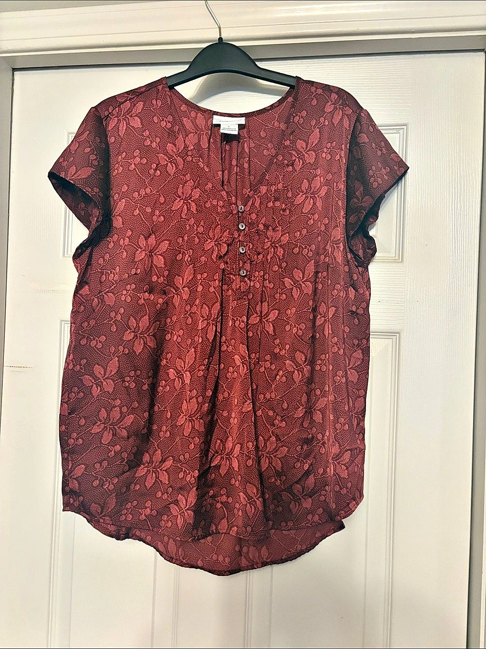 Liz Claiborne Floral Short Sleeve Blouse Burgundy Large